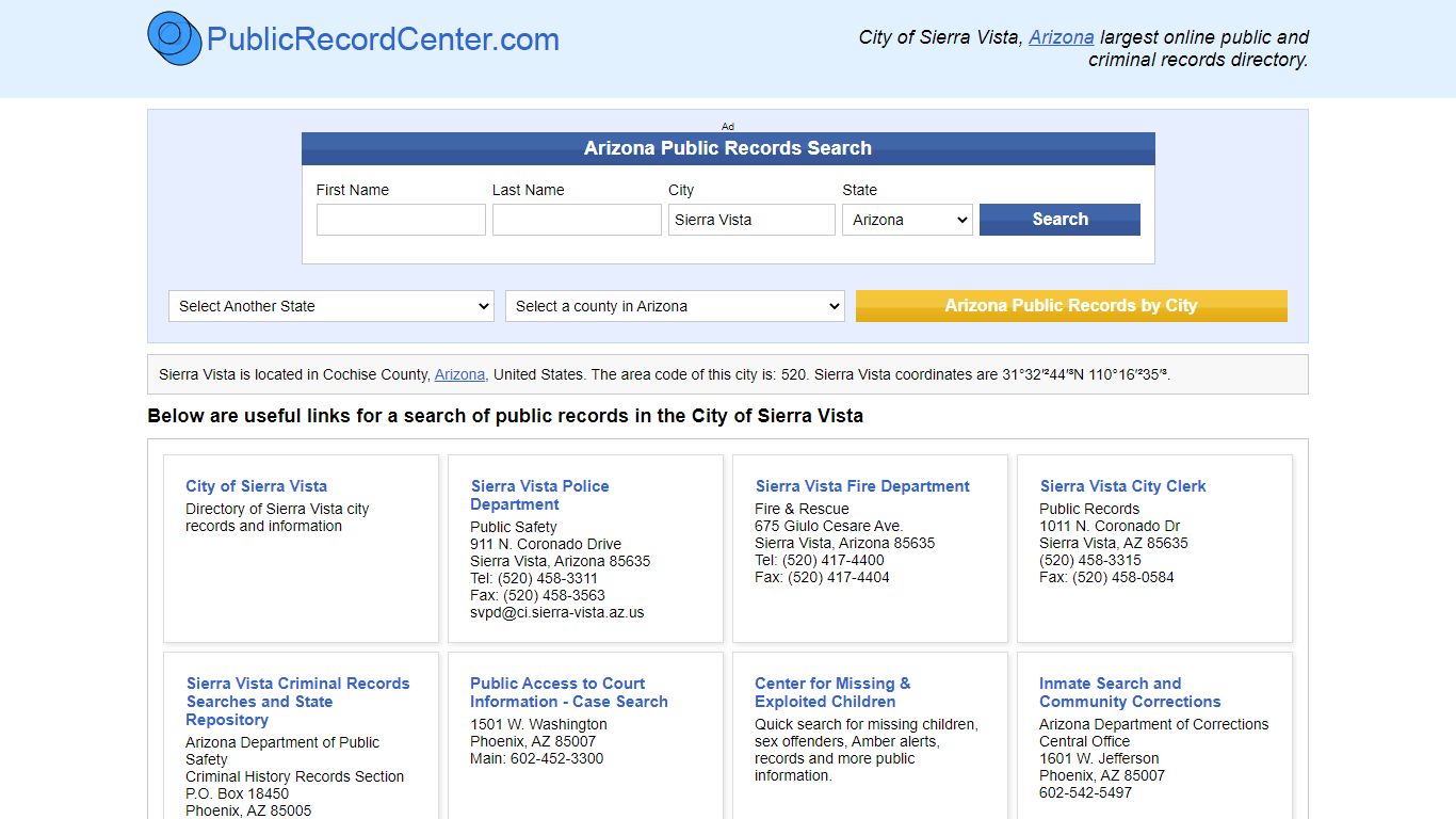 Sierra Vista, Arizona Public Records and Criminal Background Check